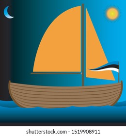 A sailboat goes from darkness to light