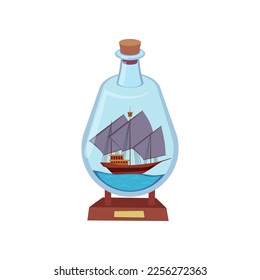 Sailboat with grey sails in glass bottle vector illustration. Drawing of souvenir, miniature of sea vessel with water isolated on white background. Decoration, hobby or craft, adventure concept