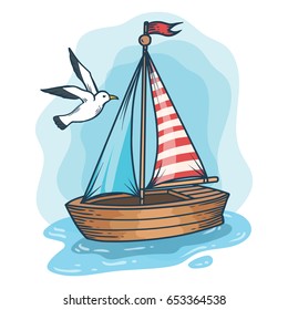 Sailboat with gull, hand drawn engraving sketch vector summer voyage cruise transportation illustration. Retro vintage marine transport. Wooden ship label. Boat symbol on white background.