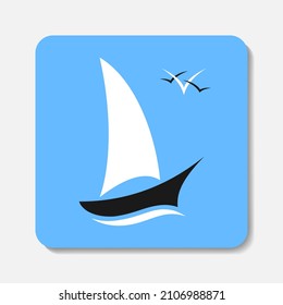 Sailboat and gulls in black and white colors on blue background. Minimalist trendy contemporary design. Best for web, print, logo creating and branding design.