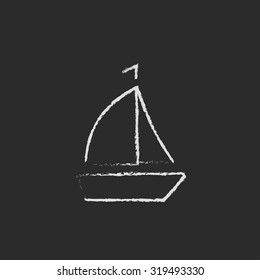 Sailboat hand drawn in chalk on a blackboard vector white icon isolated on a black background.