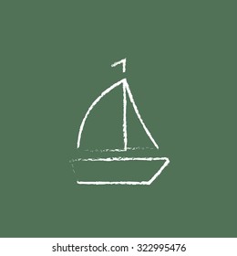 Sailboat hand drawn in chalk on a blackboard vector white icon isolated on a green background.