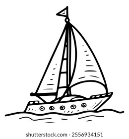 Sailboat hand drawn doodle. Sailing ship. Sea voyage. Motorboat for water. Yacht. Water transport. Adventure, travel. Ocean weekend. Vector line art illustration.