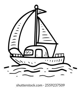 Sailboat hand drawn doodle. Sailing ship. Sea voyage. Motorboat for water. Yacht. Water transport. Adventure, travel. Ocean weekend. Vector line art illustration.