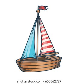 Sailboat, hand drawn engraving sketch vector summer voyage cruise transportation illustration. Retro vintage marine transport. Wooden ship label. Boat symbol on white background.
