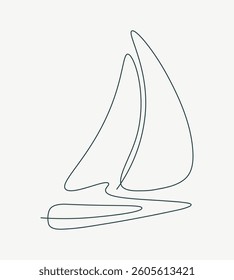 Sailboat hand drawn single continuous line. Sailing icon lineart. Drawing in one line. Editable stroke. Simple minimalistic style. Boat abstract outline silhouette. Vector doodle illustration.