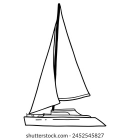 Das Segelboot hat einen hohen Mast mit aufgeblähten Segeln, Doodle-Outline-Zeichnung des Schmetterlings. 