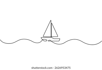 Sailboat icon continuous one line drawing outline vector, Simple illustration of a sailboat in the sea drawn with a continuous black line on a white background.