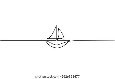Sailboat icon continuous one line drawing outline vector, Simple illustration of a sailboat in the sea drawn with a continuous black line on a white background.