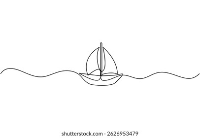 Sailboat icon continuous one line drawing outline vector, Simple illustration of a sailboat in the sea drawn with a continuous black line on a white background.