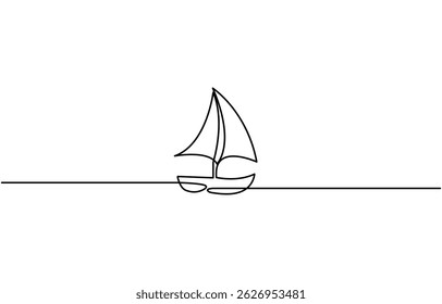Sailboat icon continuous one line drawing outline vector, Simple illustration of a sailboat in the sea drawn with a continuous black line on a white background.