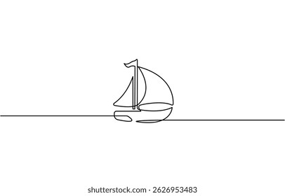 Sailboat icon continuous one line drawing outline vector, Simple illustration of a sailboat in the sea drawn with a continuous black line on a white background.