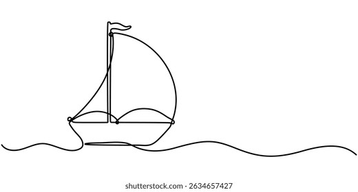 Sailboat icon continuous one line drawing outline vector, Simple illustration of a sailboat in the sea drawn with a continuous black line on a white background. 