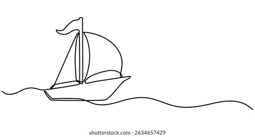 Sailboat icon continuous one line drawing outline vector, Simple illustration of a sailboat in the sea drawn with a continuous black line on a white background. 