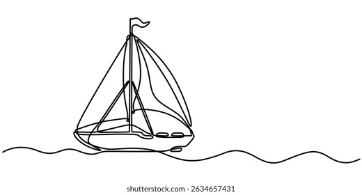 Sailboat icon continuous one line drawing outline vector, Simple illustration of a sailboat in the sea drawn with a continuous black line on a white background. 