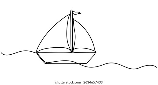 Sailboat icon continuous one line drawing outline vector, Simple illustration of a sailboat in the sea drawn with a continuous black line on a white background. 