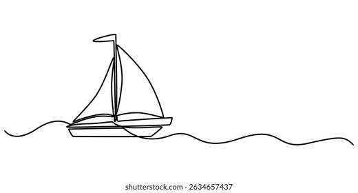 Sailboat icon continuous one line drawing outline vector, Simple illustration of a sailboat in the sea drawn with a continuous black line on a white background. 