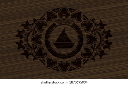 sailboat icon inside dark wood badge. Brown exquisite background. Vector illustration. 