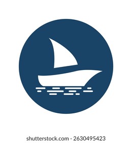 Sailboat Icon in Navy Blue Circle with Water Ripples