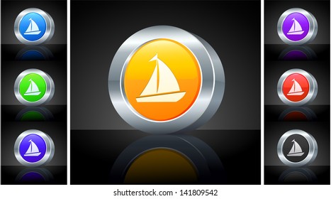 Icono de barco de vela en botón 3D con rizo metálico Ilustración original 
