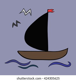 Sailboat Icon on Square Black Internet Button Original Illustration