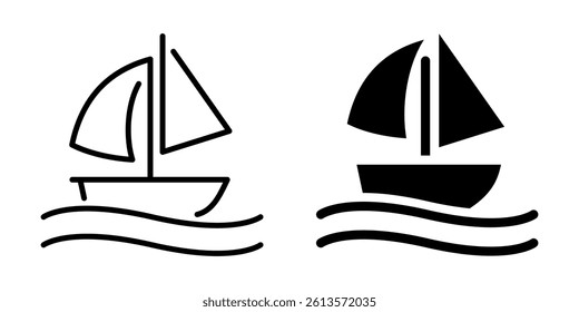 Sailboat icon on waves representing sea travel. Linear and silhouette style.