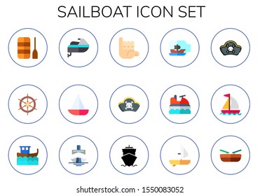 sailboat icon set. 15 flat sailboat icons.  Simple modern icons about  - boat, sailing boat, surfer, pirates, ship in a bottle, sailing, cruise, windsurf