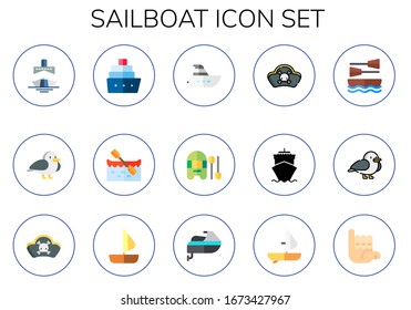 sailboat icon set. 15 flat sailboat icons.  Simple modern icons such as: cruise, seagull, boat, yacht, pirates, sailing boat, jet ski, windsurf, surfer