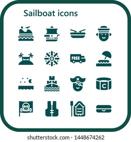 sailboat icon set. 16 filled sailboat icons.  Simple modern icons about  - Jet ski, Ship, Boat, Sailor, Island, Helm, Shipping, Sea, Pirate, Captain, Lifejacket, Float