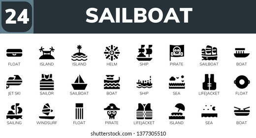 sailboat icon set. 24 filled sailboat icons.  Simple modern icons about  - Float, Island, Helm, Ship, Pirate, Sailboat, Boat, Jet ski, Sailor, Sea, Lifejacket, Sailing, Windsurf