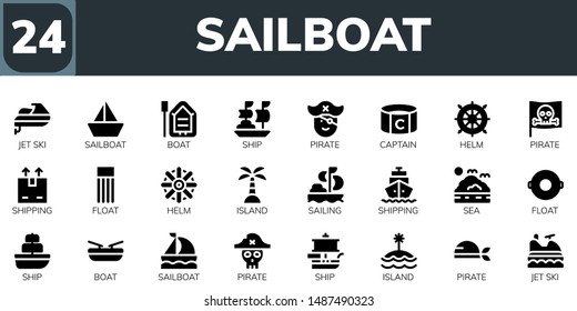 sailboat icon set. 24 filled sailboat icons.  Collection Of - Jet ski, Sailboat, Boat, Ship, Pirate, Captain, Helm, Shipping, Float, Island, Sailing, Sea