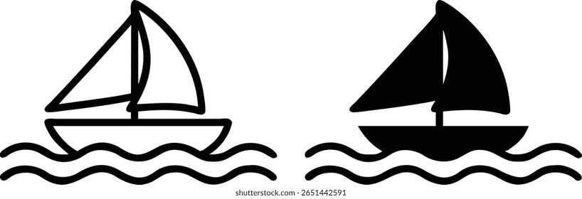 Sailboat Icon Set, Black and White Vector, Boat Silhouette Outline on Waves Illustration