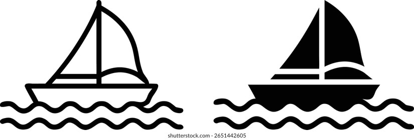 Sailboat Icon Set, Black and White Vector, Nautical Boat Silhouette Outline on Waves Illustration
