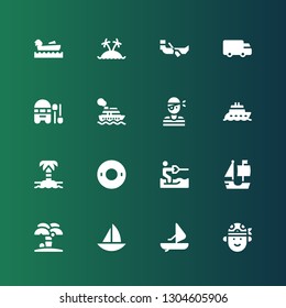 sailboat icon set. Collection of 16 filled sailboat icons included Pirate, Windsurf, Boat, Island, Ship, Water ski, Float, Cruise, Shipping, Boating