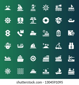 sailboat icon set. Collection of 36 filled sailboat icons included Boat, Windsurf, Sea, Helm, Water ski, Yatch, Cruise, Boating, Lifejacket, Sailboat, Island, Sail boat, Ship