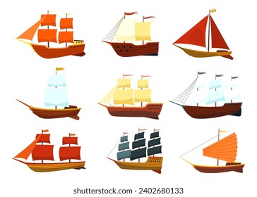 Juego de iconos de la velera. Caricatura vectorial del yate de vela. Barco de vela de ilustración vectorial sobre fondo blanco