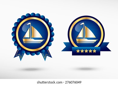 Sailboat icon and stylish quality guarantee badges. Blue colorful Promotional Labels 