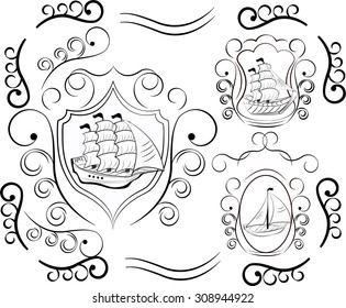 Sailboat icons. Sailing ship, vessel. Set of nautical badges and labels. Marine design elements, logos, identity, objects, labels, stamps and badges. 