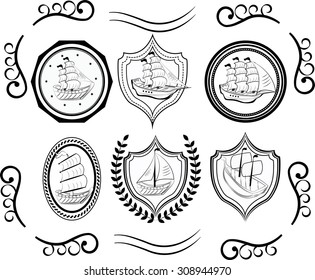 Sailboat icons. Sailing ship, vessel. Set of nautical badges and labels. Marine design elements, logos, identity, objects, labels, stamps and badges. 
