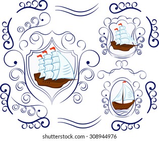 Sailboat icons. Sailing ship, vessel. Set of nautical badges and labels. Marine design elements, logos, identity, objects, labels, stamps and badges. 