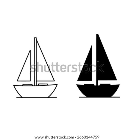 Sailboat illustration set with two simple vector icons, one a solid black silhouette and the other a clean outline for nautical designs.