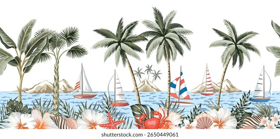 Sailboat, island, palm tree, hibiscus flower, tropical leaves, crab, starfish, shell, sea wave seamless border. Summer marine mural.