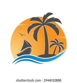 sailboat and an island with palm trees on the background of the sun. Vector illustration for logo, emblem, sticker and creative design. Flat style.