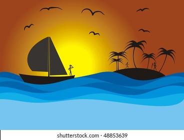 Sailboat, island and sunset