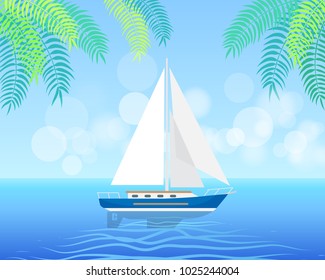 Sailboat isolated on clean blue water in summertime. Vector colorful illustration in flat design of one boat in ocean and palm leaves above