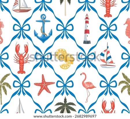 Sailboat, lemon, lighthouse, starfish, palms, flamingo, anchor, sea horse with ribbon bow seamless pattern. Summer print.