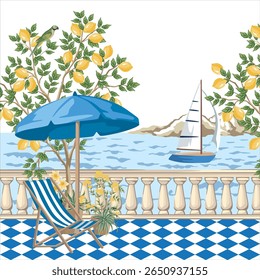 Sailboat, lemon tree, sea wave, chaise lounge, sun umbrella, tile print. Summer seafront Italian illustration.