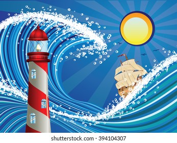 Sailboat and lighthouse in the blue stylized stormy sea.
