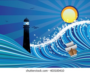 Sailboat and lighthouse in the blue stylized stormy sea.