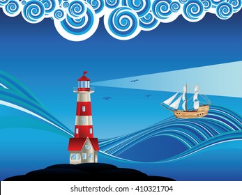 Sailboat and lighthouse in the blue stylized stormy sea.